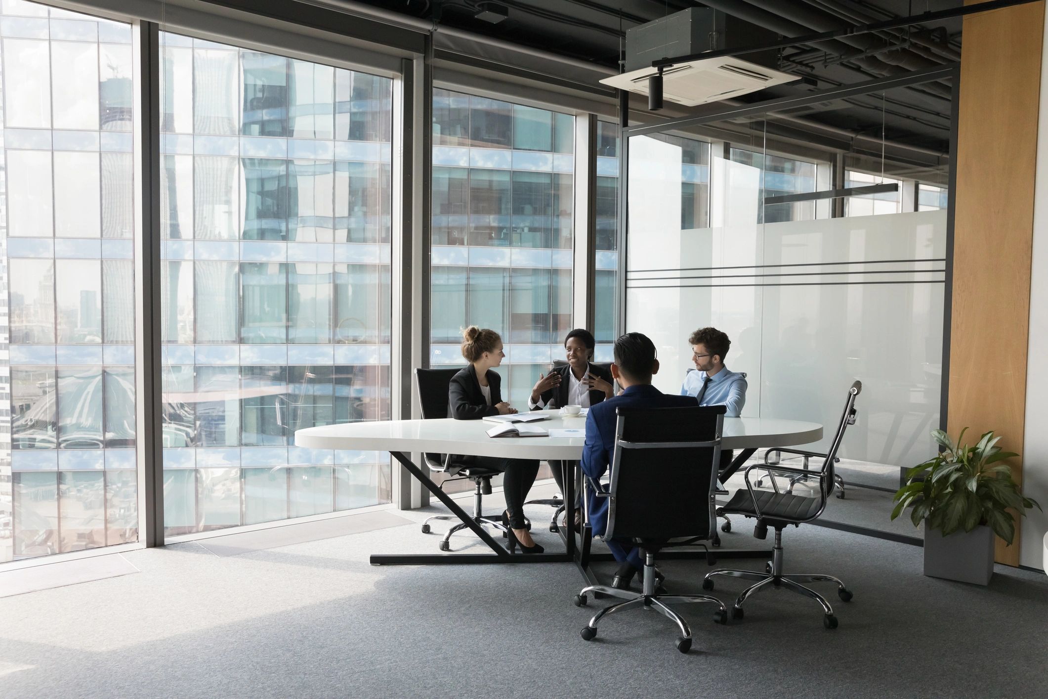 Project team collaborating in a modern office